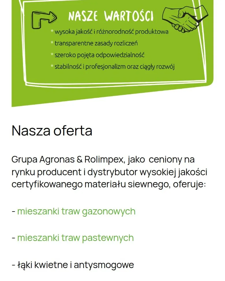 Podstrona „O nas” z sekcjami „Nasze wartości” i „Nasza oferta” na telefonie
