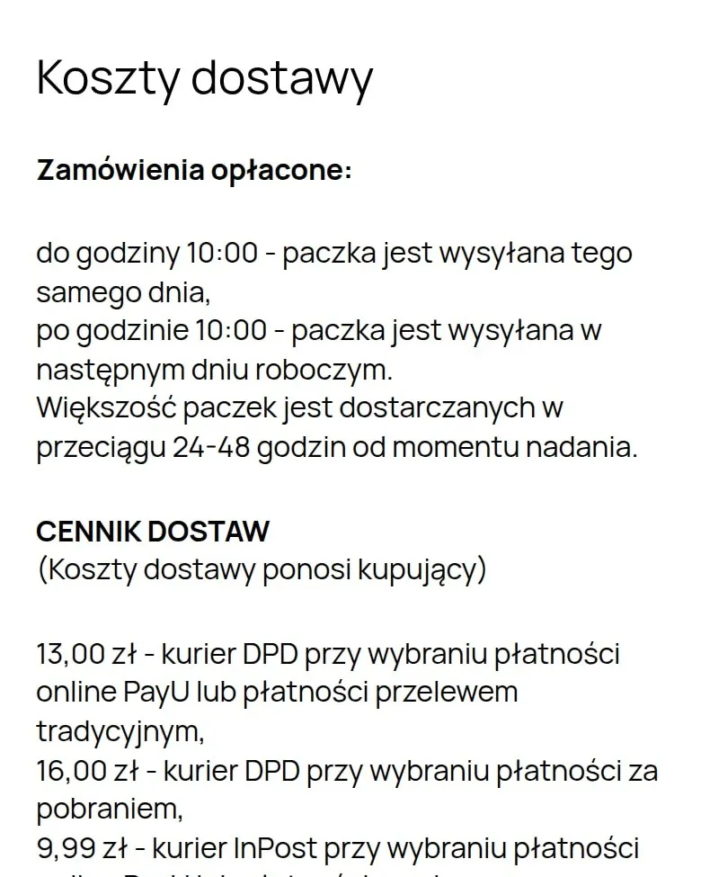 Podstrona „Koszty dostawy” z godzinami wysyłki i cennikiem dostaw na telefonie