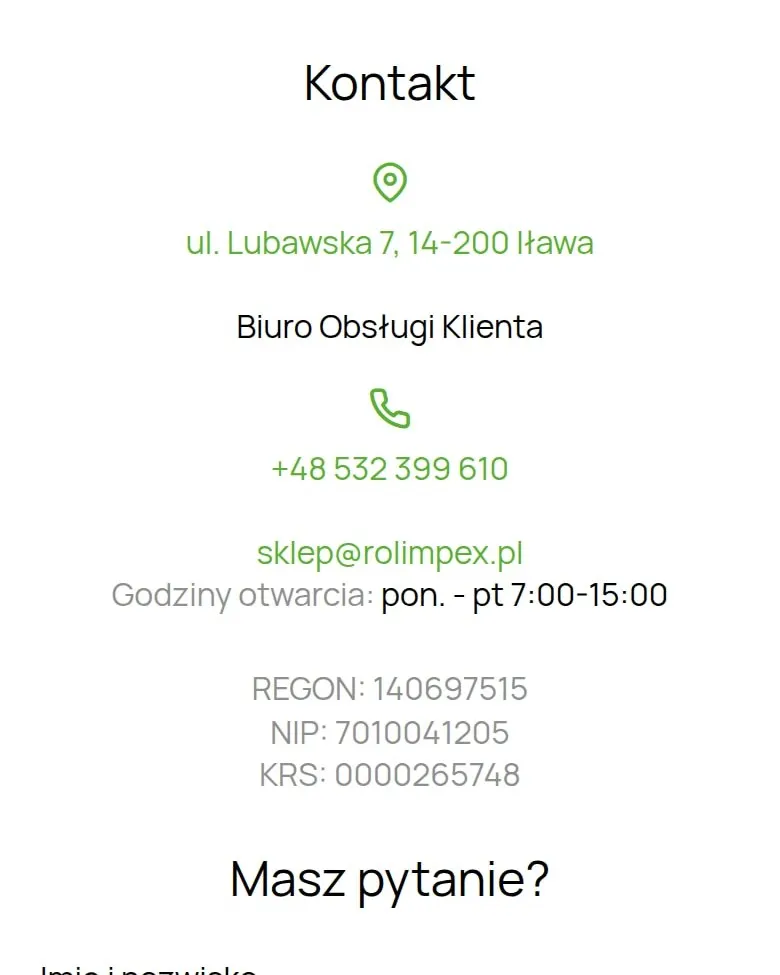 Podstrona „Kontakt” z adresem, telefonem i danymi firmy na telefonie