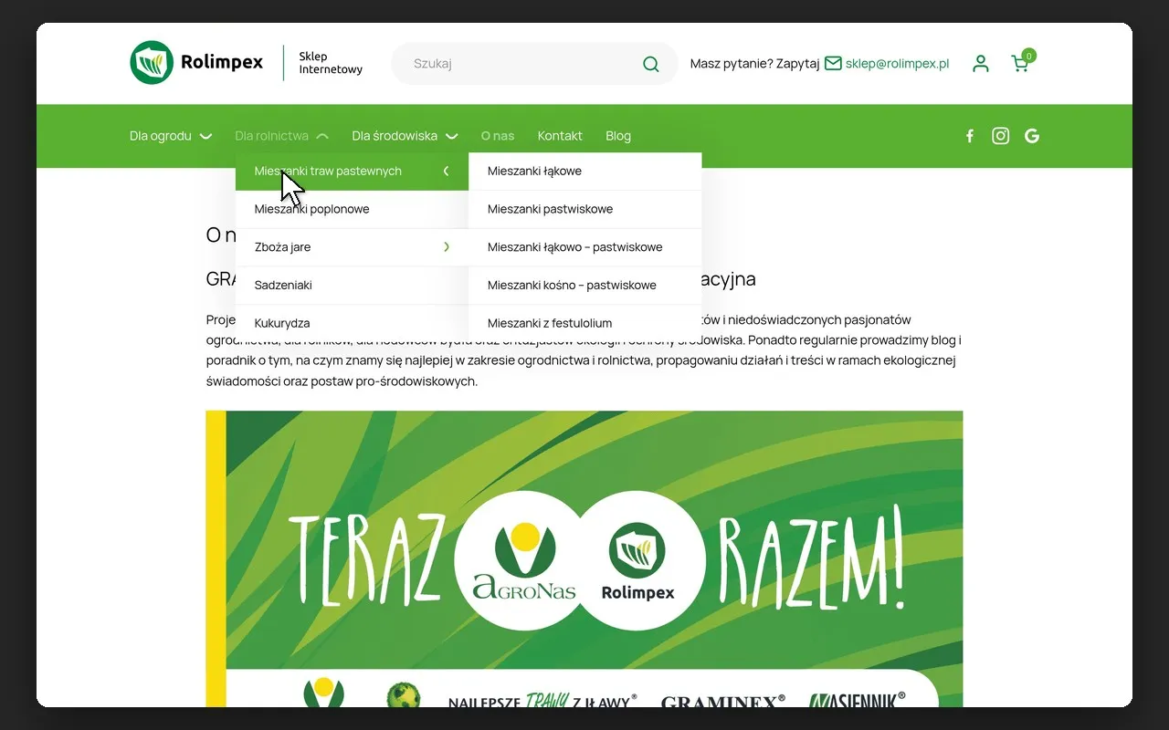 Rozwinięte menu „Dla rolnictwa” z podmenu „Mieszanki traw pastewnych” w sklepie Rolimpex