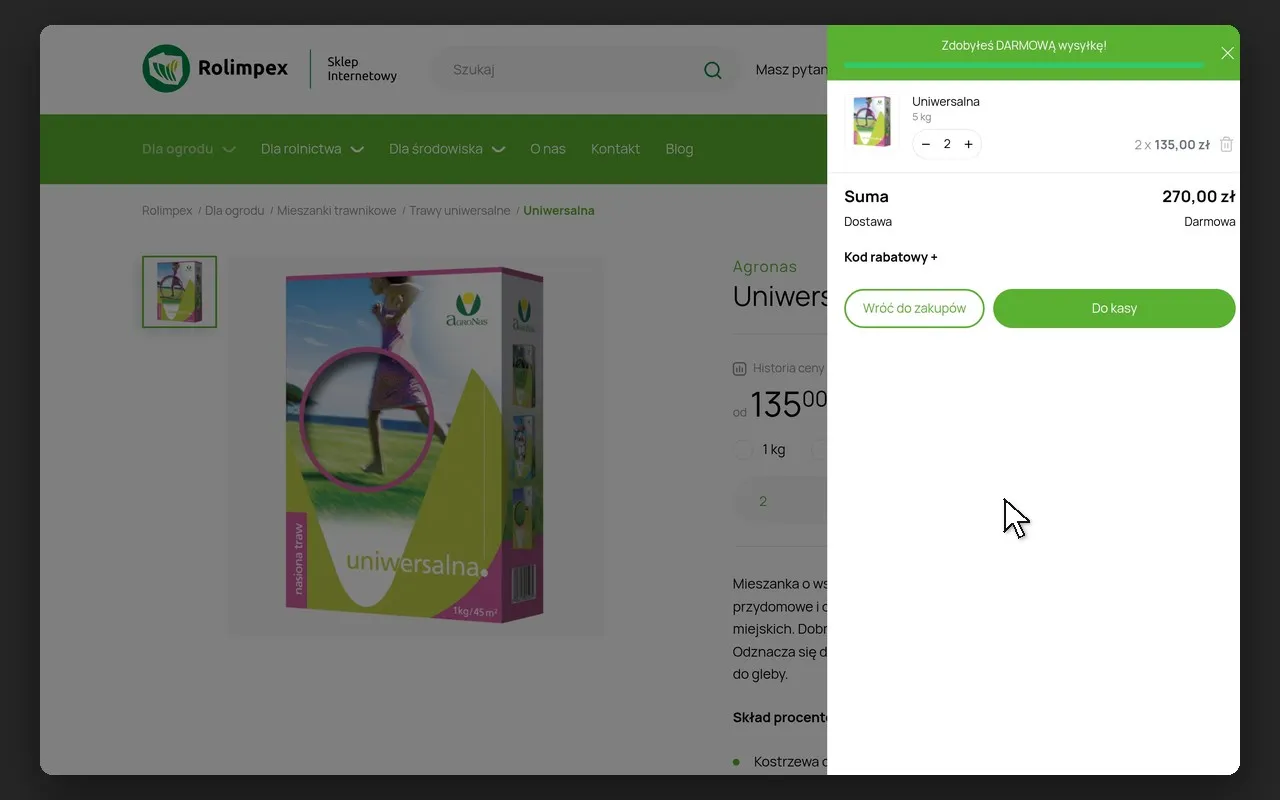 Panel koszyka z mieszanką trawnikową Uniwersalna 5 kg i informacją o darmowej wysyłce