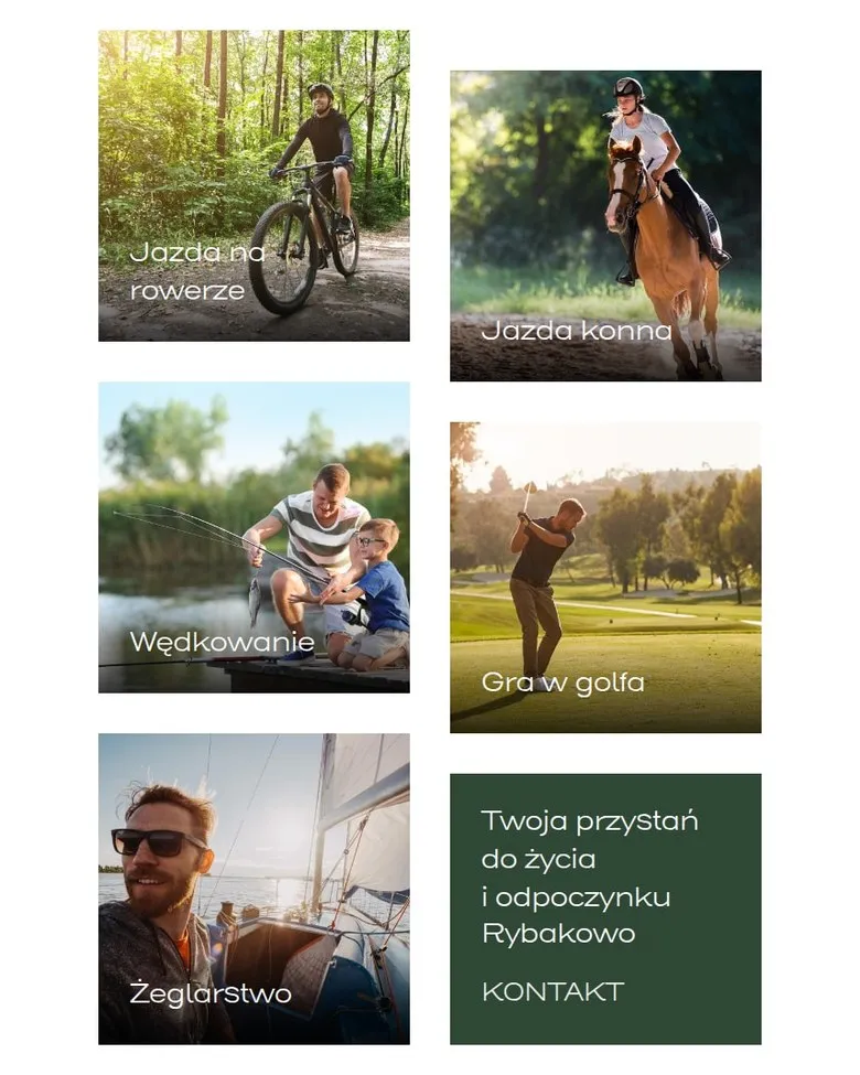 Sekcja „Aktywny wypoczynek w Rybakowie” na telefonie: jazda na rowerze, jazda konna, wędkowanie, golf i żeglarstwo
