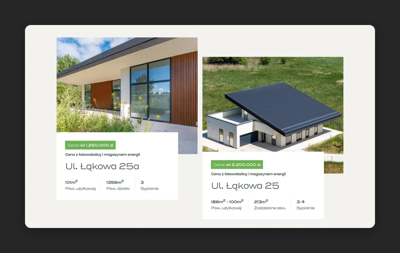 Karty domów Revobuild z ceną, powierzchnią i liczbą sypialni