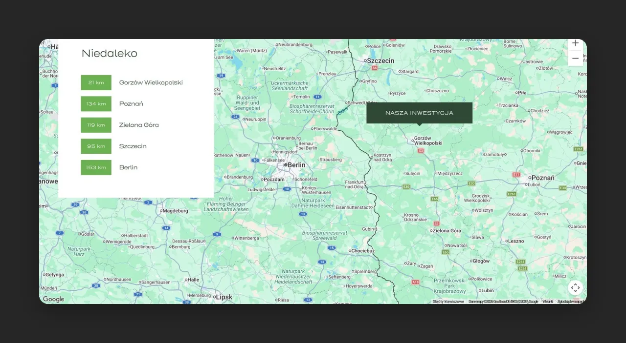 Sekcja Niedaleko z odległościami do pięciu miast i mapą