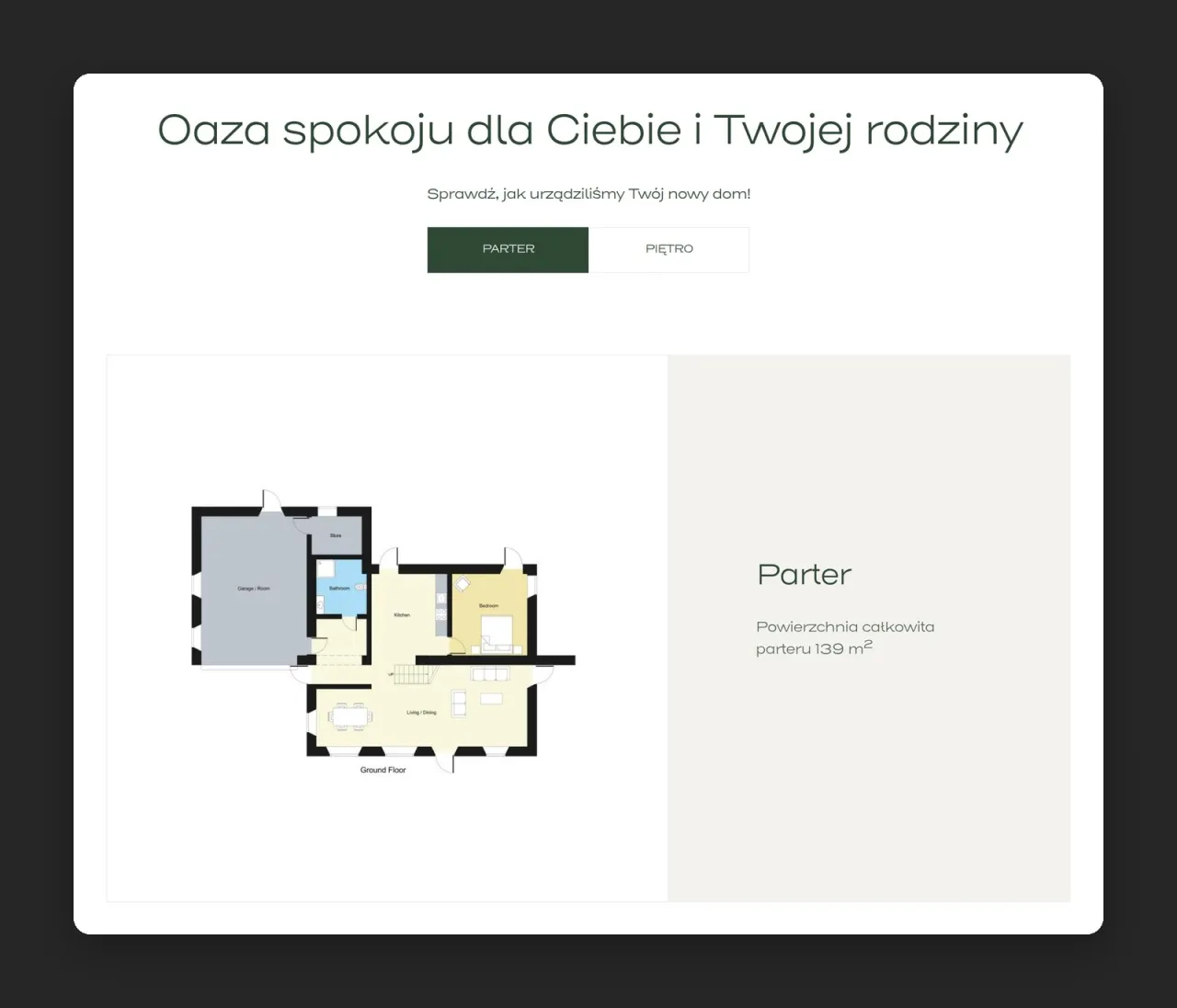 Sekcja „Oaza spokoju dla Ciebie i Twojej rodziny” z rzutem parteru w zakładkach Parter i Piętro