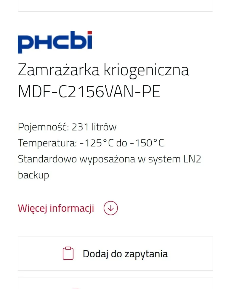 Parametry zamrażarki kriogenicznej i przycisk „Dodaj do zapytania” na telefonie