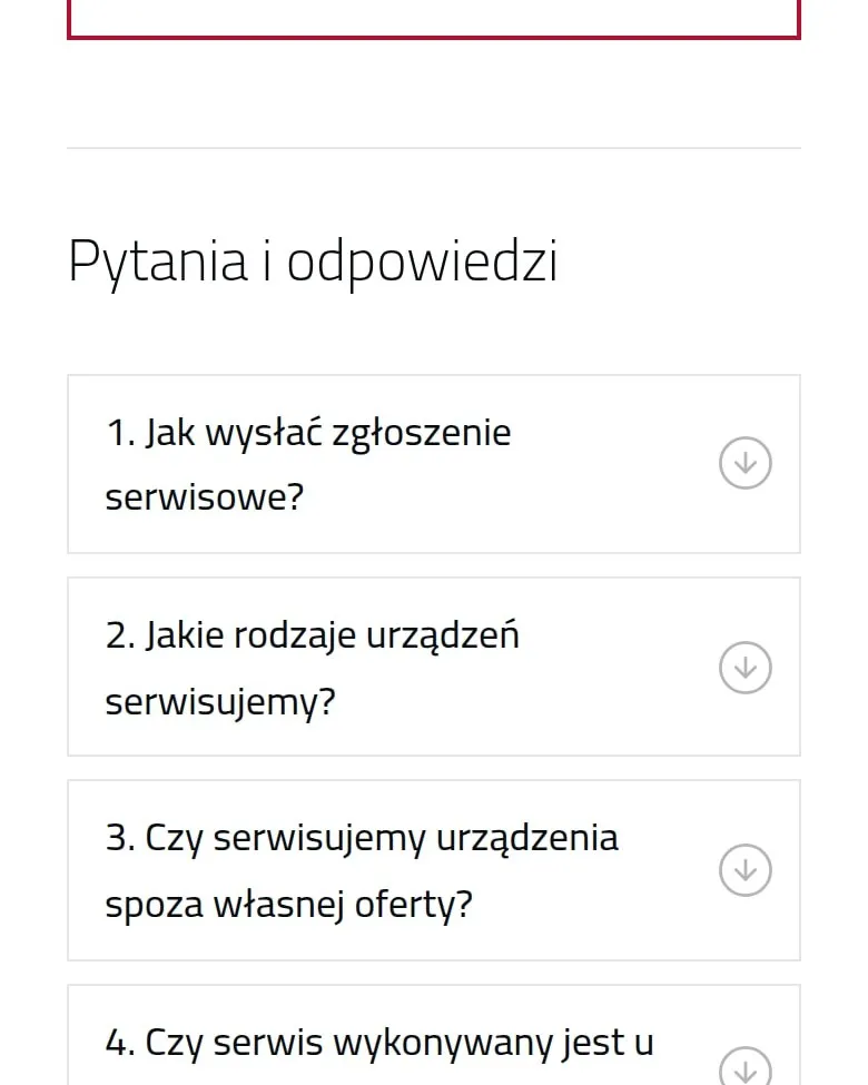 Pytania i odpowiedzi na podstronie „Serwis” na telefonie