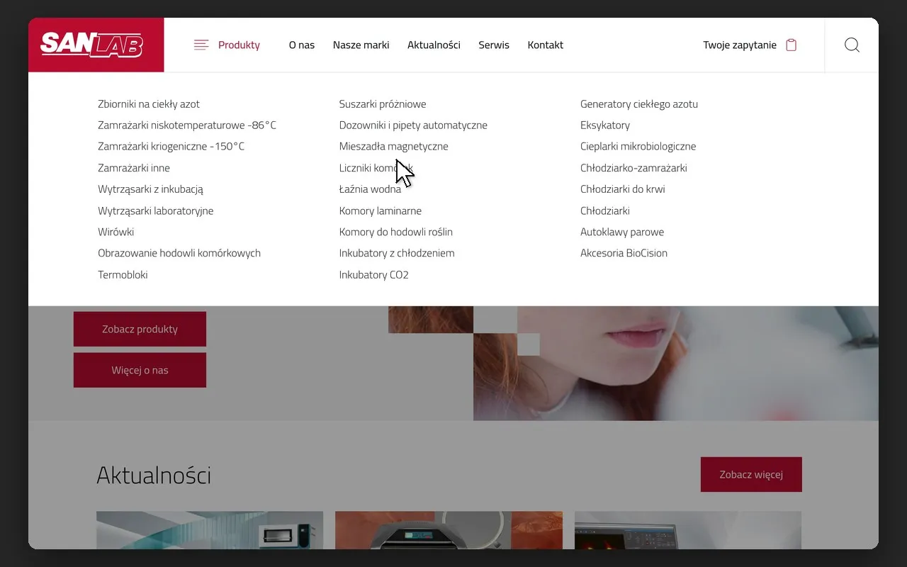 Rozwinięte menu „Produkty” z 26 kategoriami urządzeń na sanlab.pl