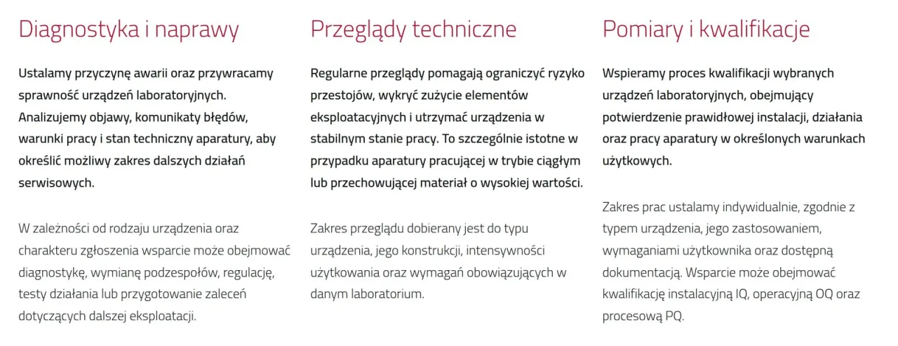Sekcje „Diagnostyka i naprawy”, „Przeglądy techniczne” i „Pomiary i kwalifikacje” na podstronie „Serwis”