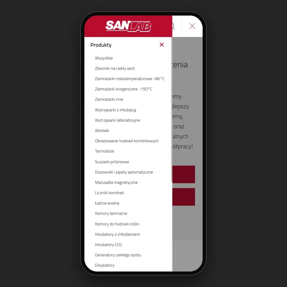 Rozwinięta lista kategorii produktów w menu sanlab.pl na telefonie