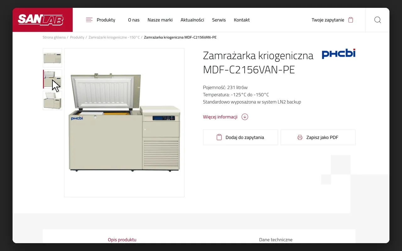 Karta produktu z galerią zdjęć i przyciskiem „Dodaj do zapytania” na sanlab.pl