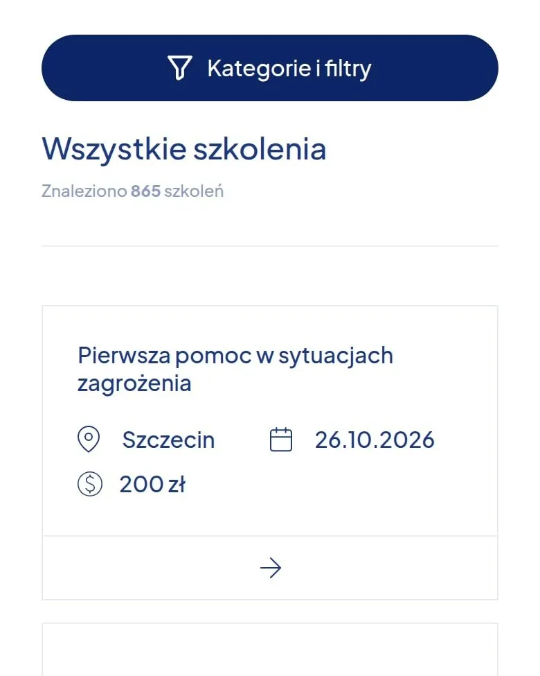 Przycisk „Kategorie i filtry” i lista szkoleń na telefonie