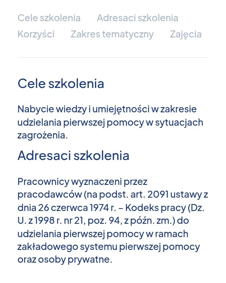 Zakładki i opis karty szkolenia na telefonie