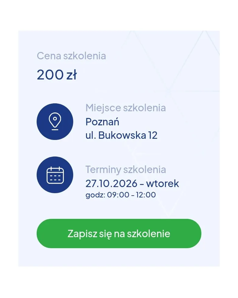 Cena, miejsce, termin i przycisk „Zapisz się na szkolenie” na telefonie