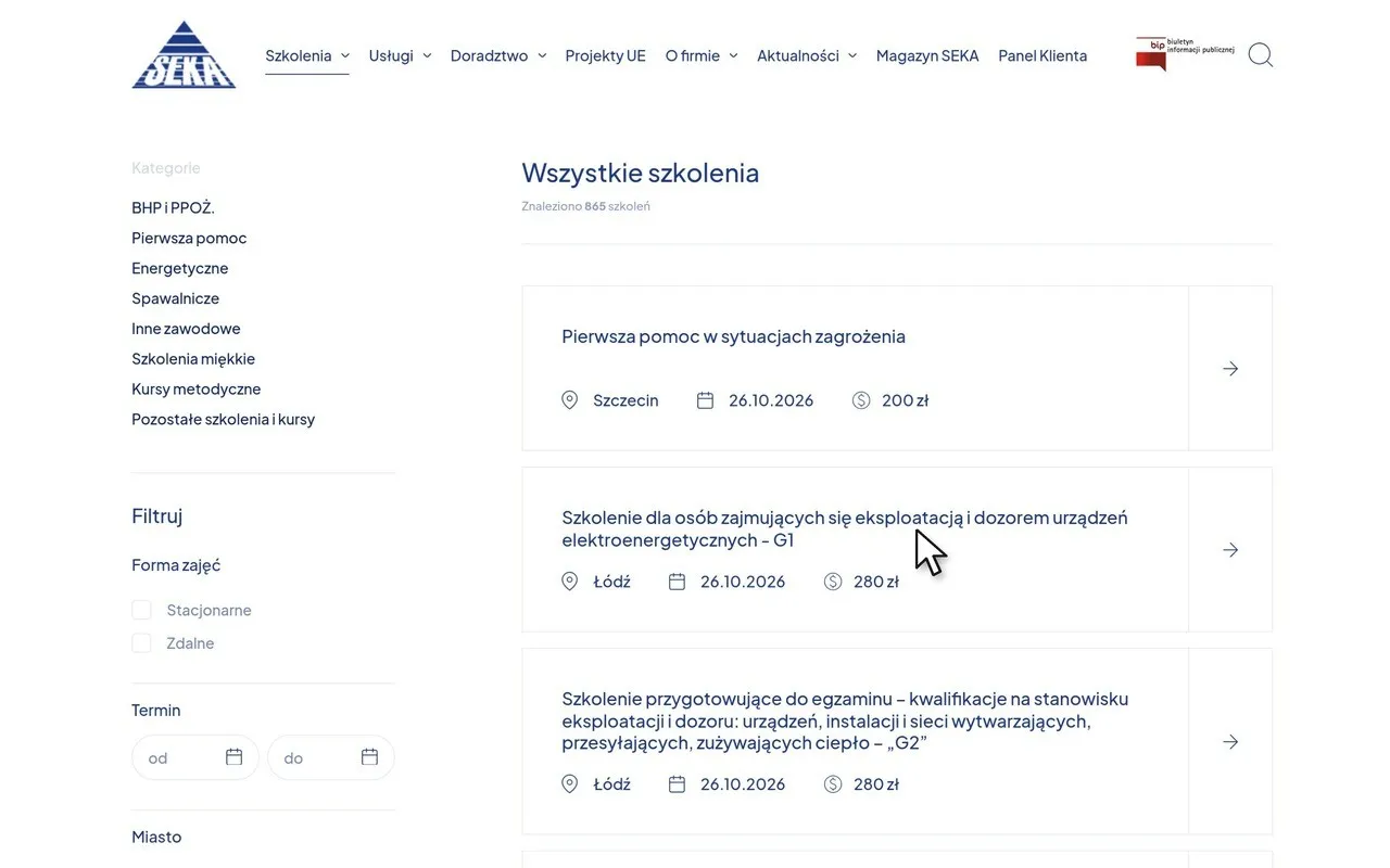 Wyszukiwarka szkoleń na seka.pl: lista „Wszystkie szkolenia” z kategoriami i filtrami