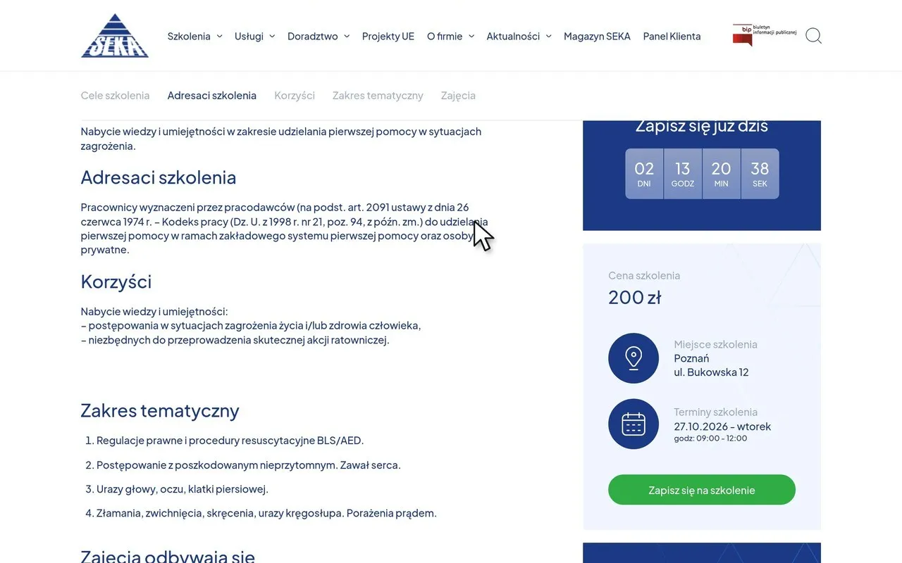 Karta szkolenia na seka.pl z licznikiem „Zapisz się już dziś”, ceną, miejscem i terminem