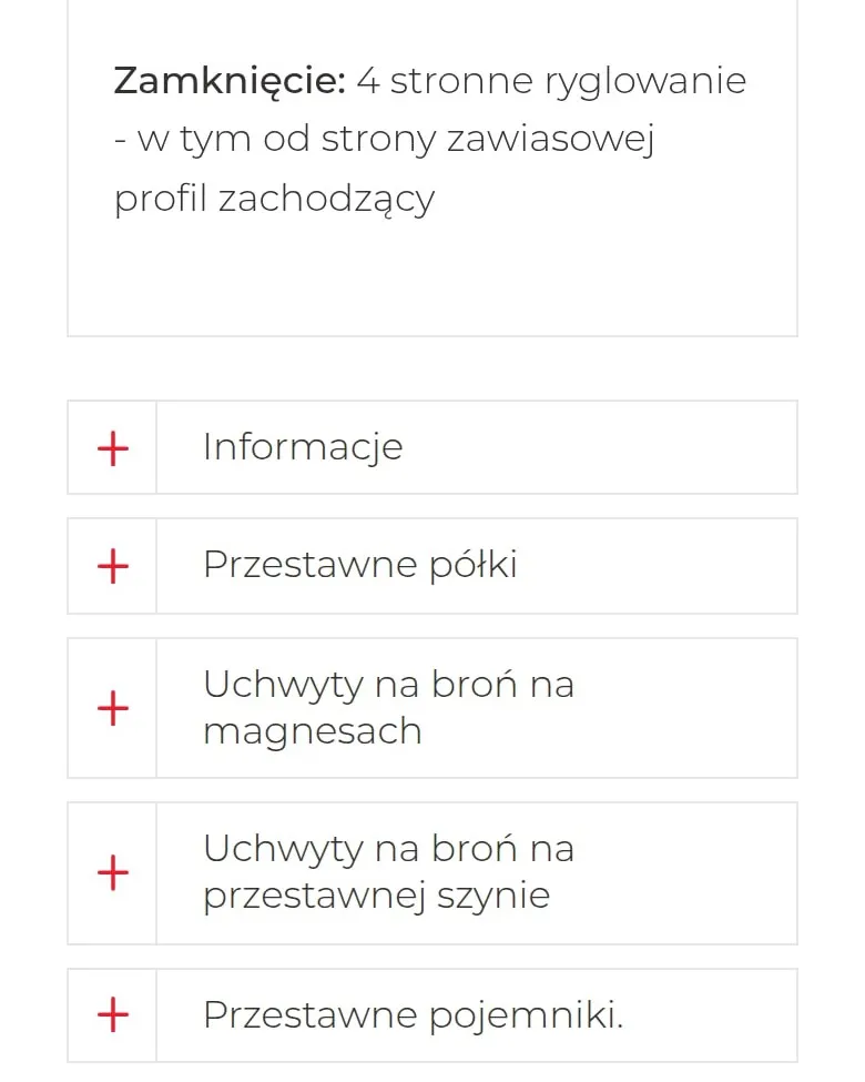 Rozwijane informacje o wyposażeniu na karcie modelu na telefonie