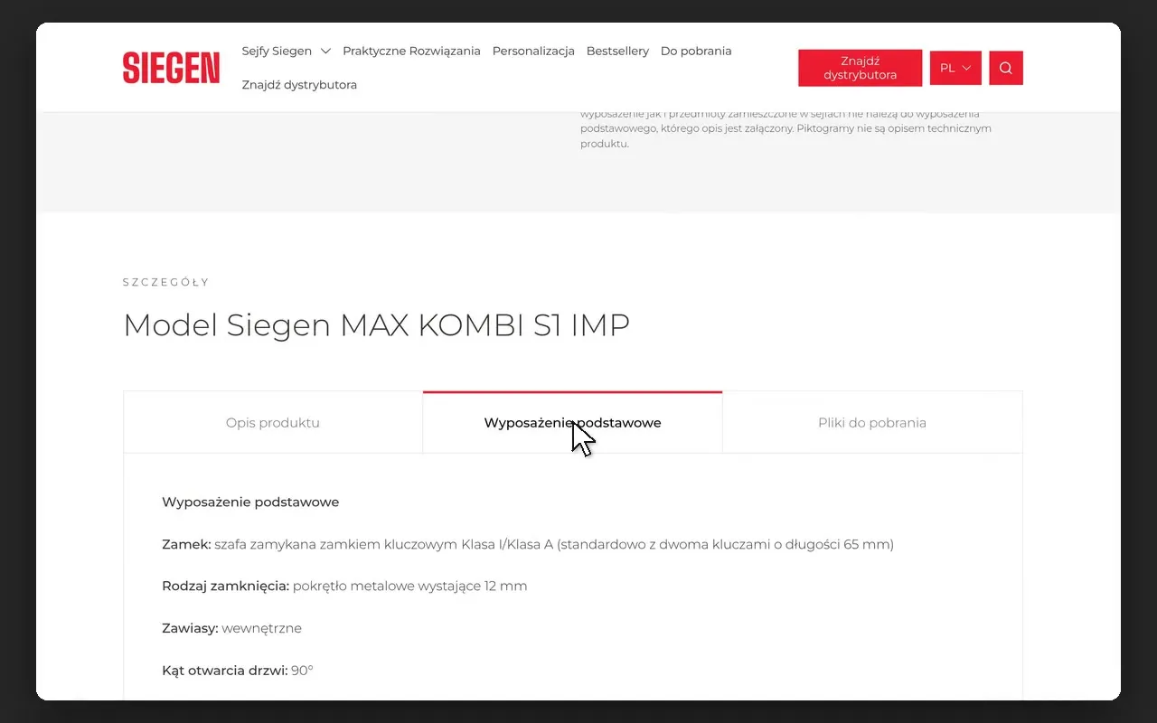 Zakładka „Wyposażenie podstawowe” na karcie modelu Siegen MAX KOMBI S1 IMP