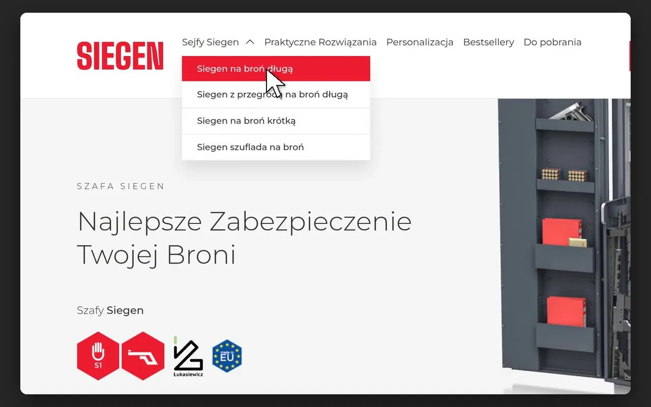 Rozwinięte menu „Sejfy Siegen” z 4 kategoriami szaf na broń