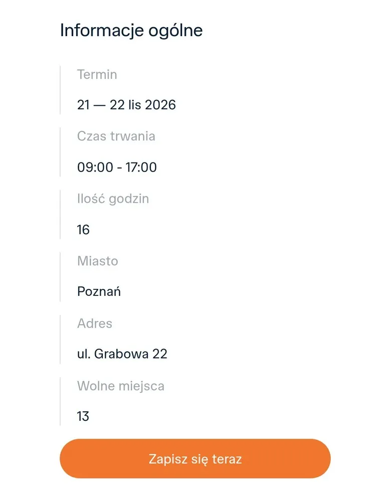 Sekcja „Informacje ogólne” na karcie kursu: termin, czas trwania, liczba godzin, adres i wolne miejsca na telefonie