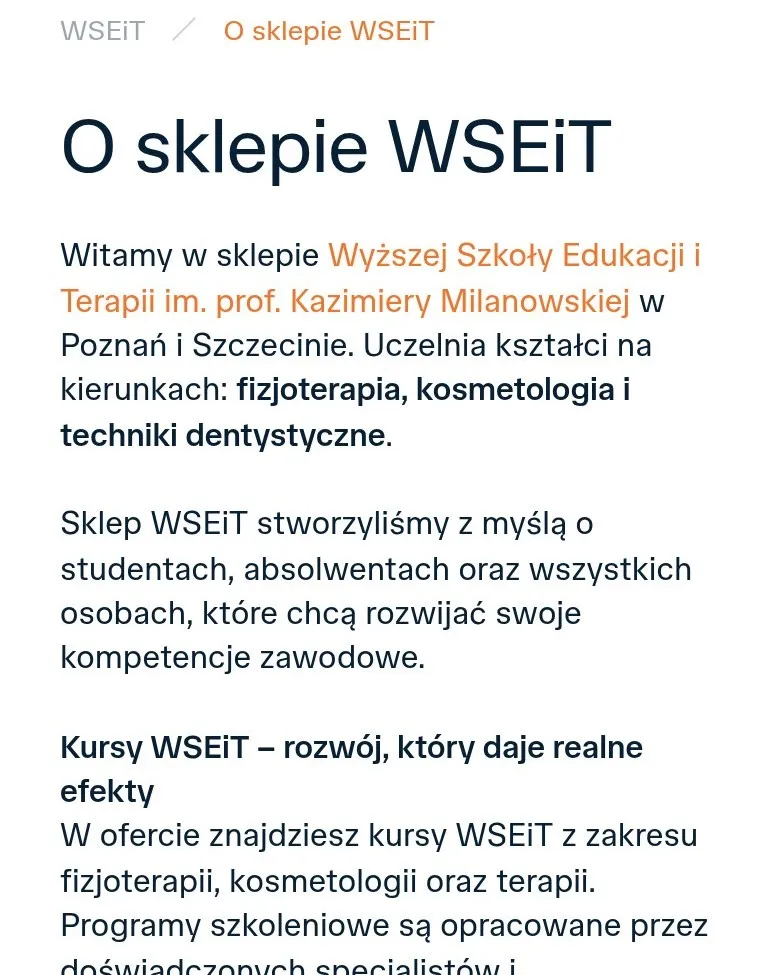 Podstrona „O sklepie WSEiT” na telefonie