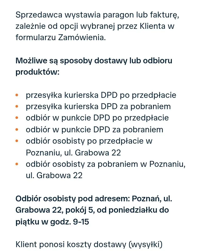 Sposoby dostawy i odbioru na podstronie „Dostawa i płatności”