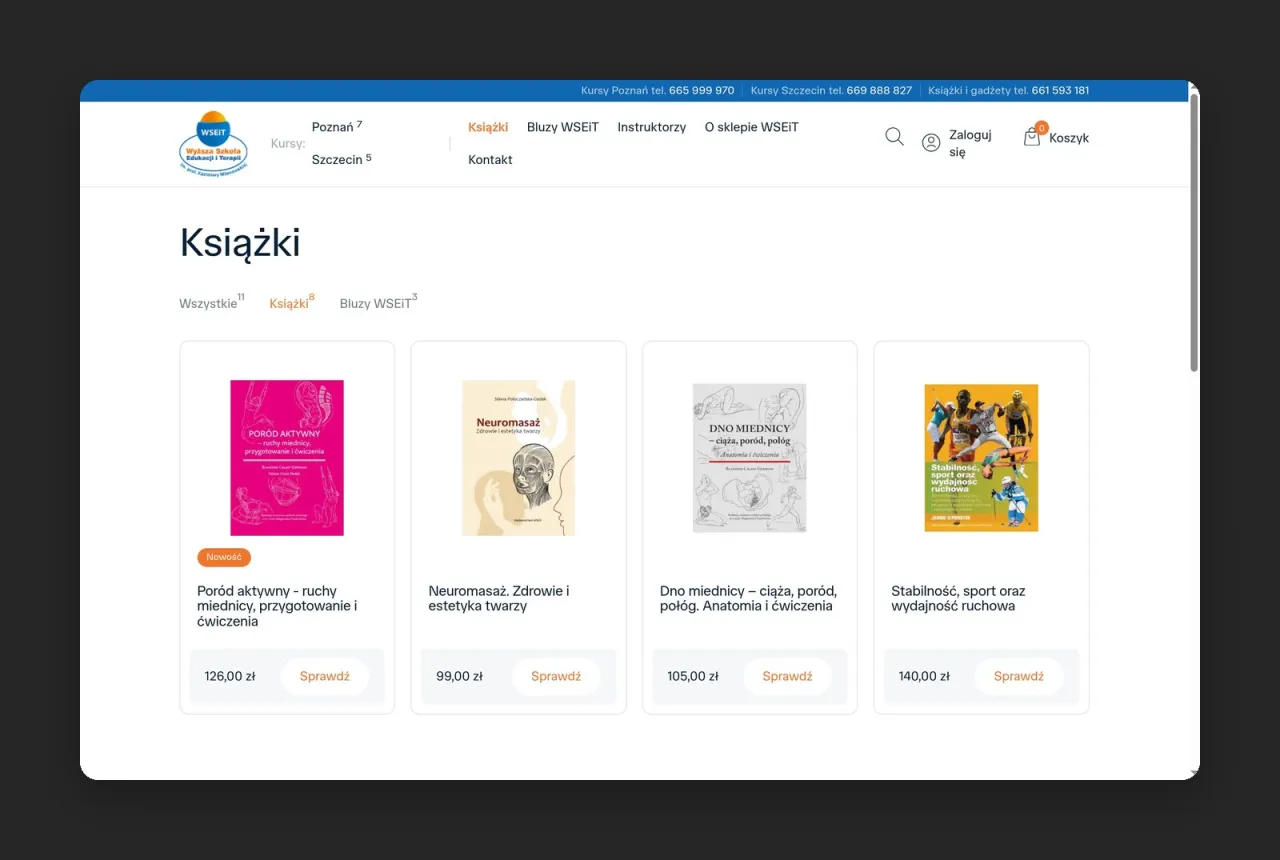 Lista książek w sklepie WSEiT na komputerze