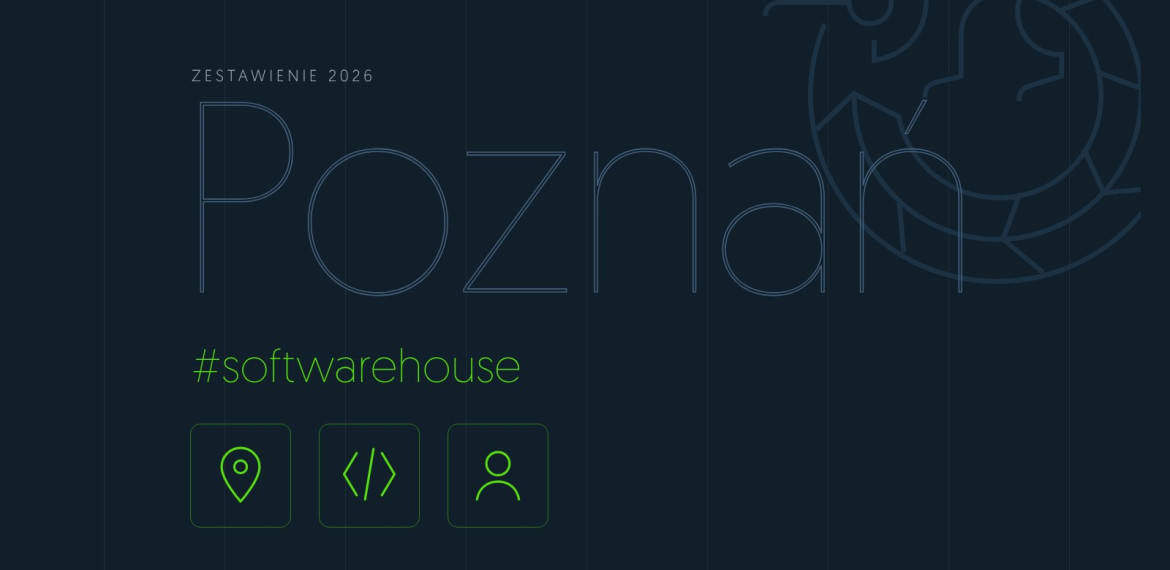 Ilustracja: zestawienie software house’ów w Poznaniu 2026 – napis „Poznań”, #softwarehouse i ikony lokalizacji, kodu i zespołu