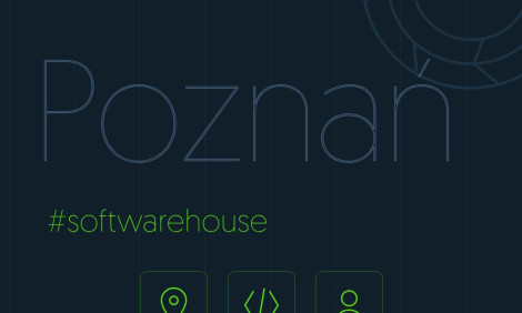 Ilustracja: zestawienie software house’ów w Poznaniu 2026 – napis „Poznań”, #softwarehouse i ikony lokalizacji, kodu i zespołu