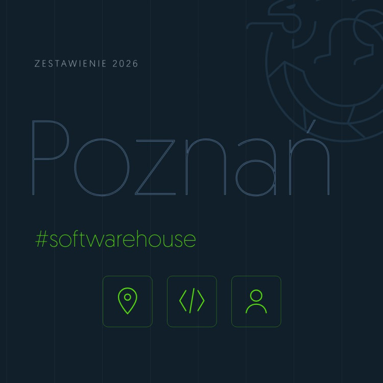 Ilustracja: zestawienie software house’ów w Poznaniu 2026 – napis „Poznań”, #softwarehouse i ikony lokalizacji, kodu i zespołu