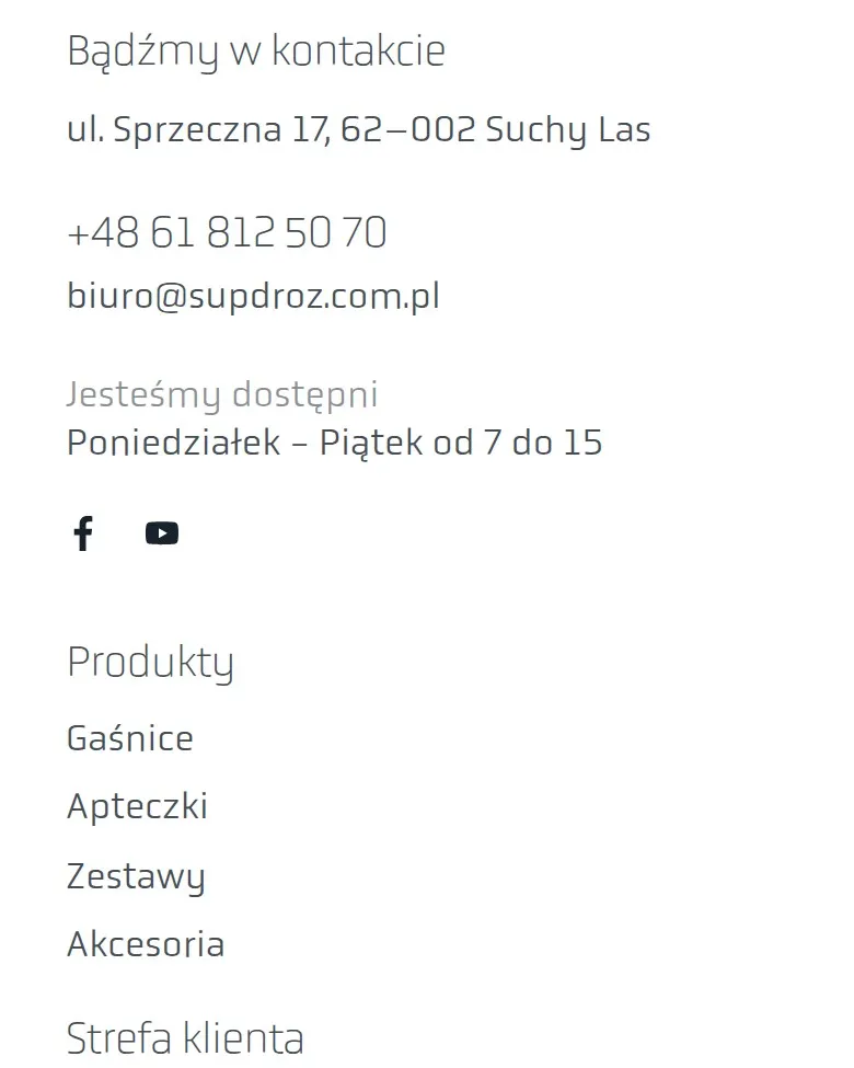 Stopka sklepu Supdroż z danymi kontaktowymi i menu na telefonie