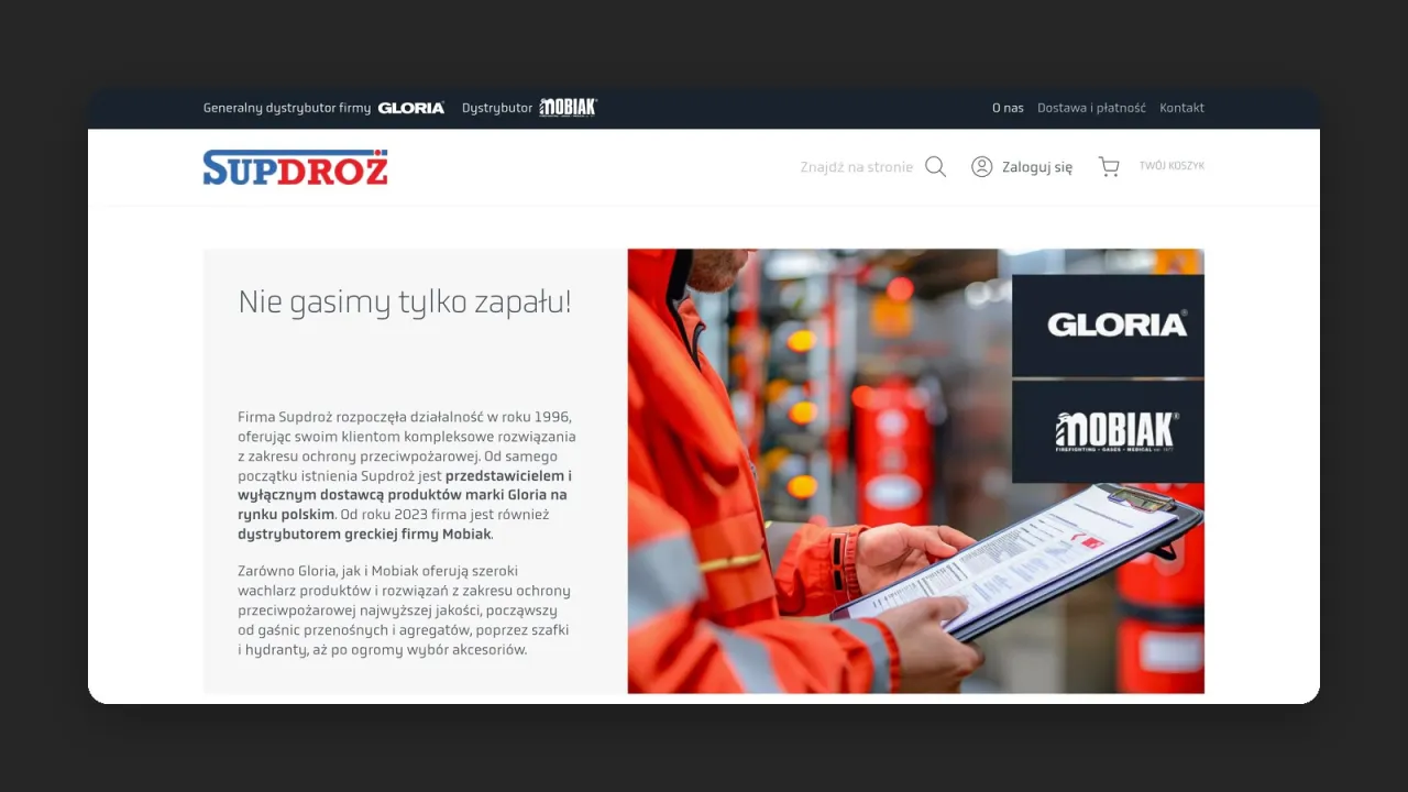 Podstrona „O nas” sklepu Supdroż z logotypami Gloria i Mobiak
