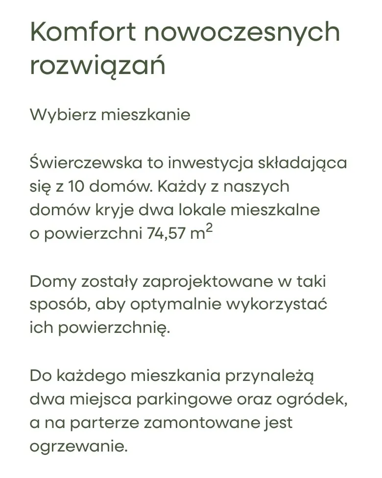 Sekcja „Komfort nowoczesnych rozwiązań” z opisem lokali na telefonie