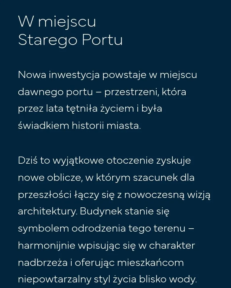 Sekcja „W miejscu Starego Portu” na stronie głównej szyperska12.pl na telefonie
