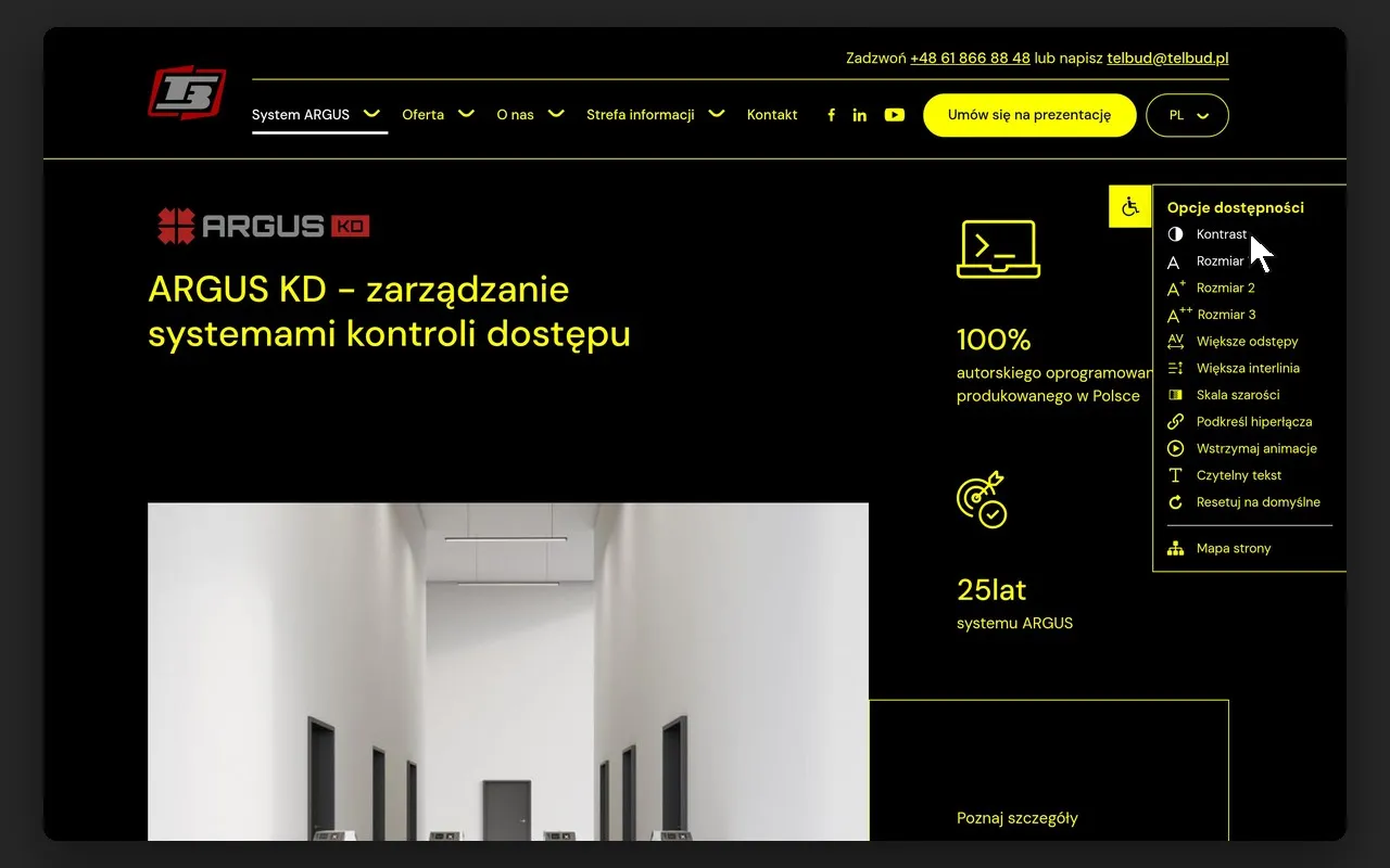Panel „Opcje dostępności” z włączonym kontrastem na podstronie ARGUS KD serwisu telbud.pl
