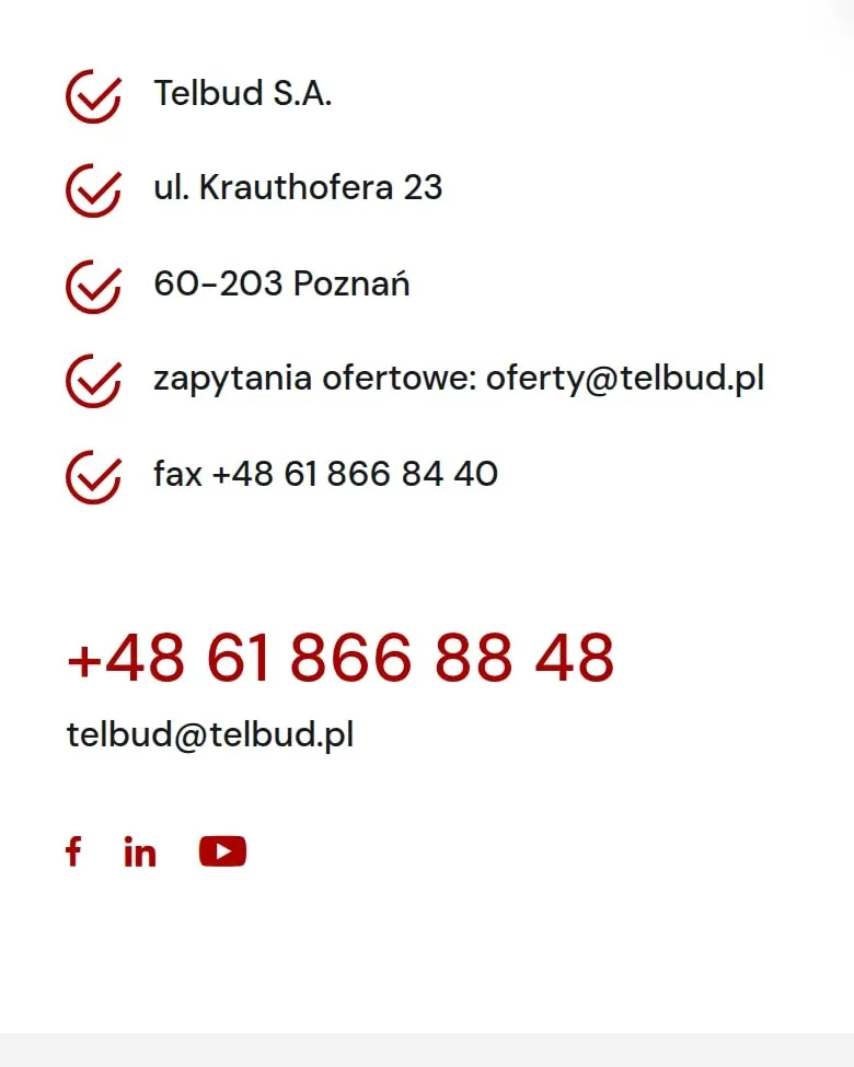 Dane kontaktowe Telbud SA na telefonie