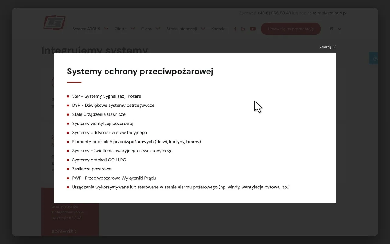 Okno „Systemy ochrony przeciwpożarowej” w sekcji „Integrujemy systemy” na telbud.pl