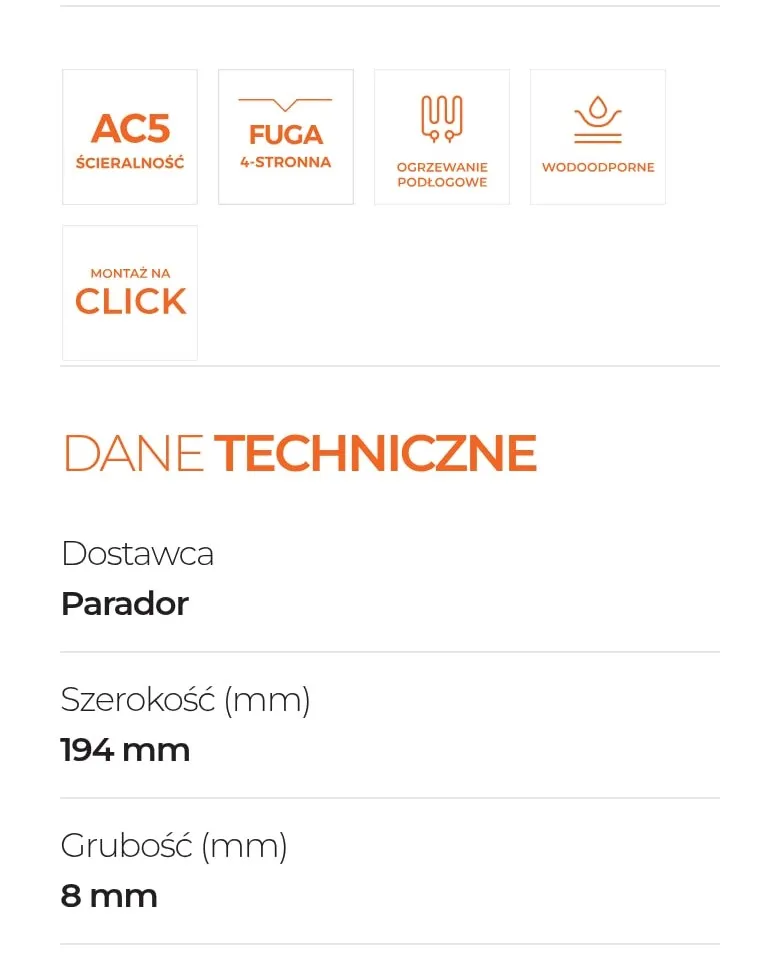 Ikony cech i tabela „Dane techniczne” na karcie produktu na telefonie