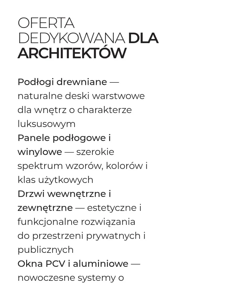 Sekcja „Oferta dedykowana dla architektów” na telefonie