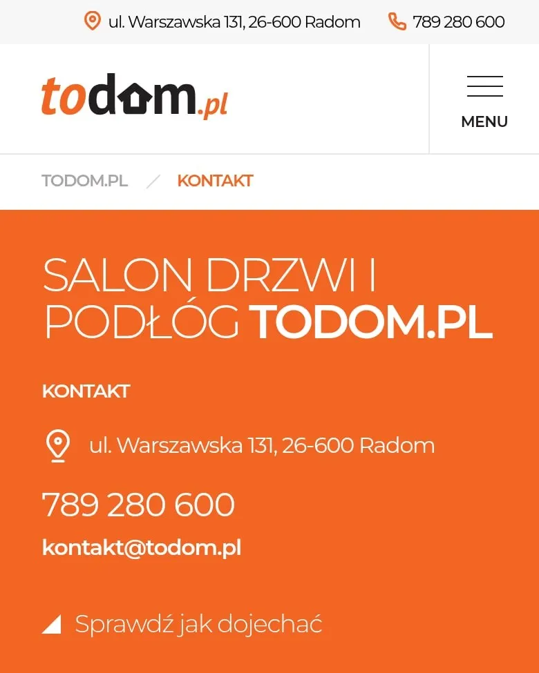 Strona kontaktu salonu drzwi i podłóg Todom.pl na telefonie
