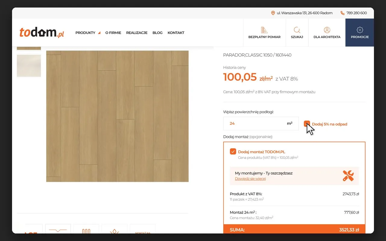 Kalkulator powierzchni na karcie produktu Todom.pl: 24 m², 5% na odpad i montaż