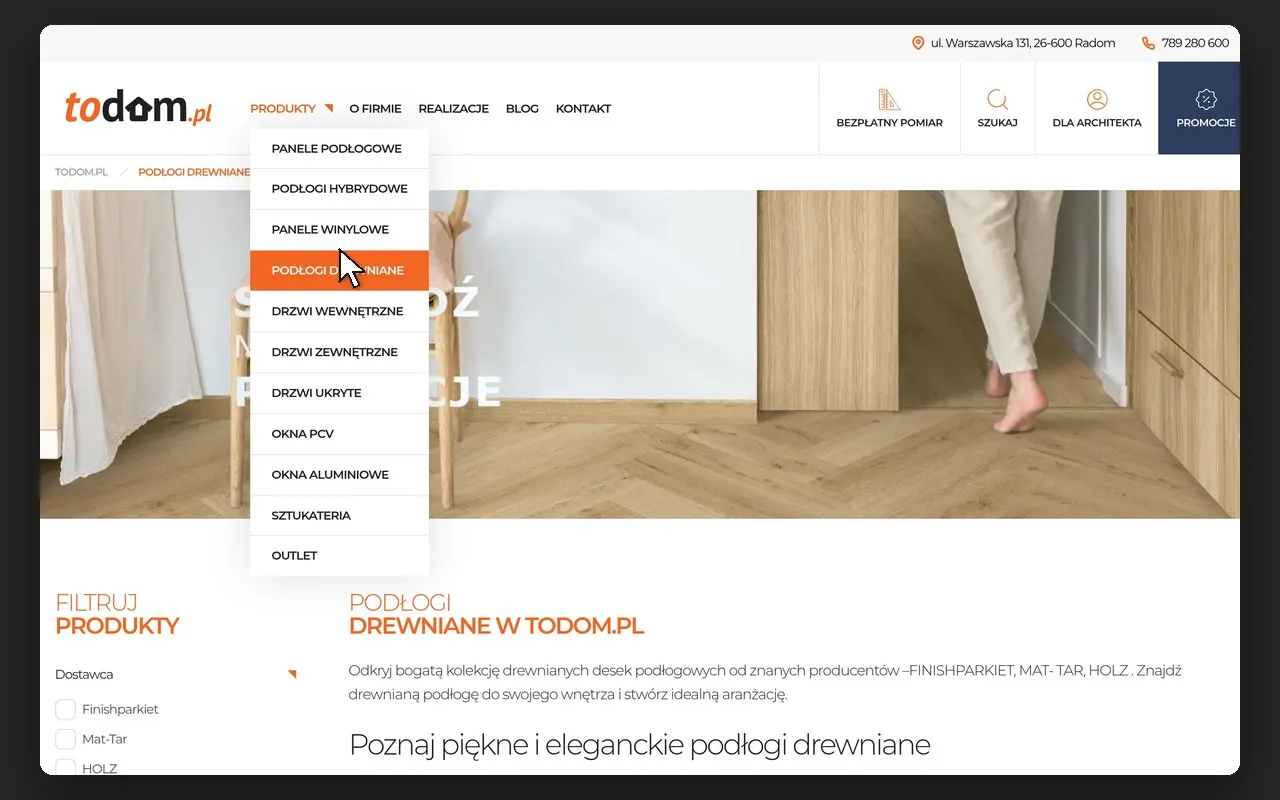 Rozwinięte menu „Produkty” z 11 grupami produktów na todom.pl