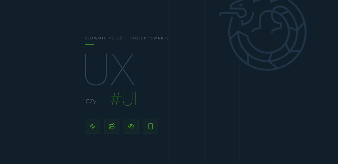 Ilustracja: konturowy napis UX czy UI z ikonami kliknięcia, ścieżki, widoku i telefonu