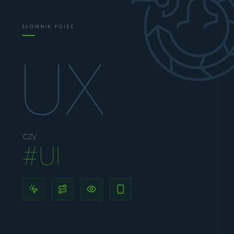 Ilustracja: konturowy napis UX czy UI z ikonami kliknięcia, ścieżki, widoku i telefonu