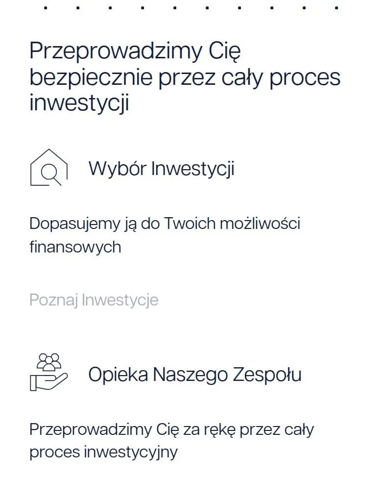Sekcja „Przeprowadzimy Cię bezpiecznie przez cały proces inwestycji” na telefonie
