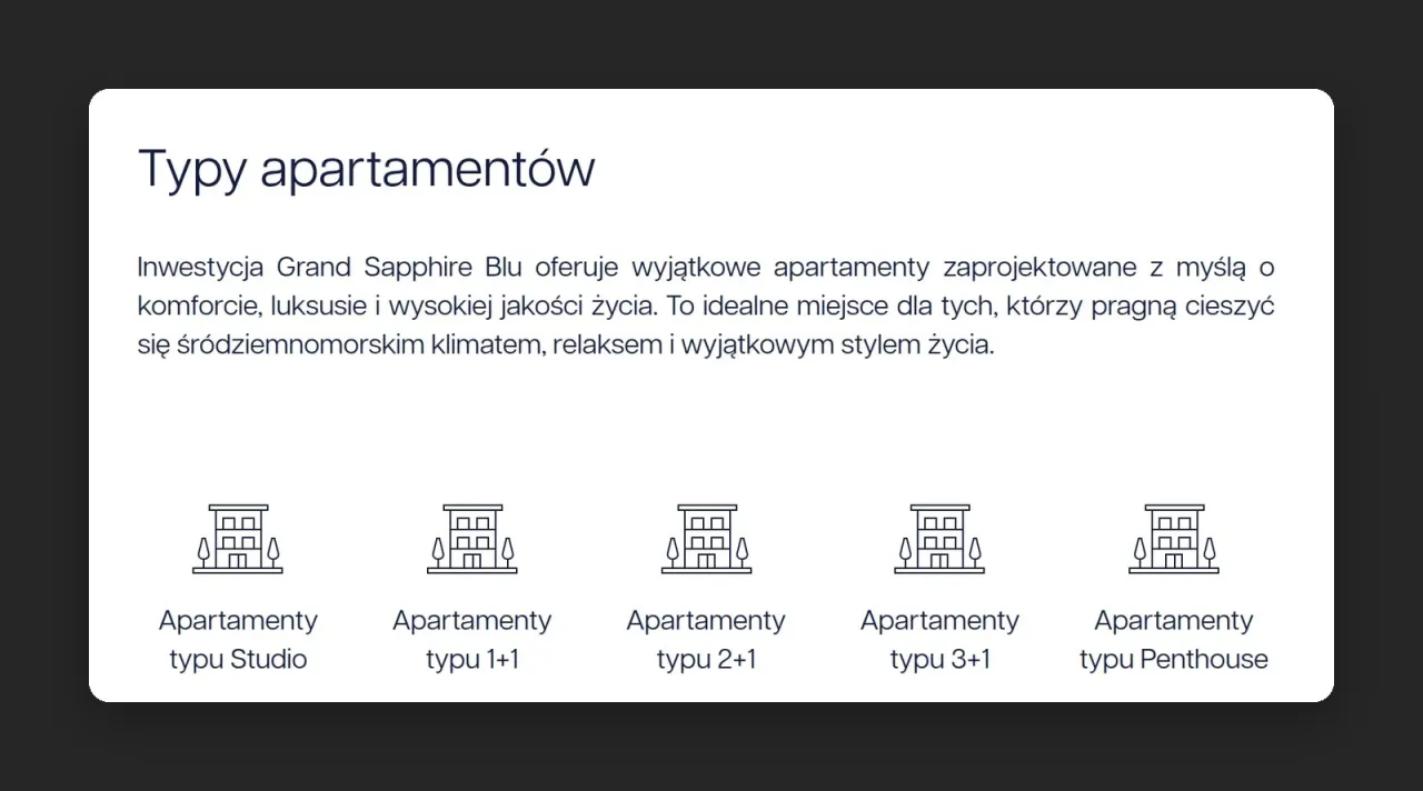 Sekcja „Typy apartamentów” na stronie inwestycji Grand Sapphire Blu