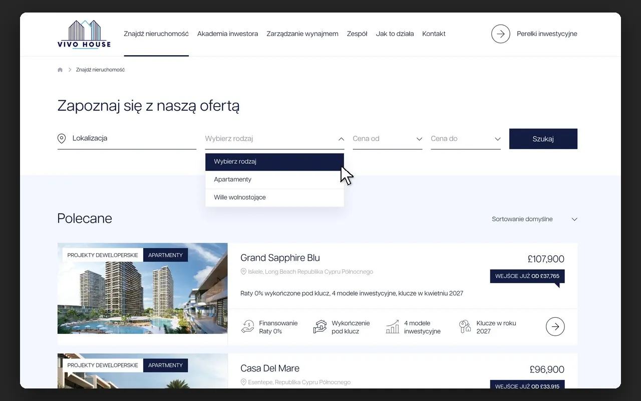 Wyszukiwarka „Znajdź nieruchomość” na vivohouse.pl z rozwiniętym polem rodzaju nieruchomości