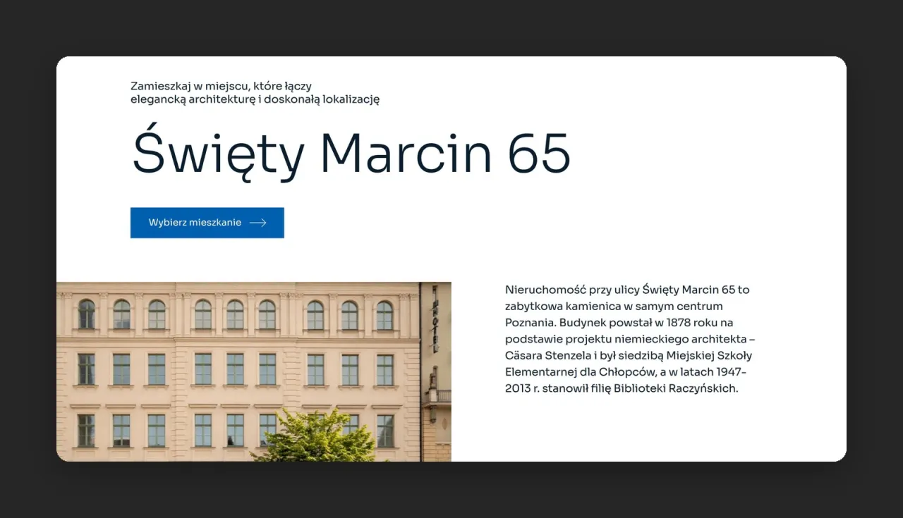 Zakładka Lokalizacja inwestycji Święty Marcin 65 z nazwą inwestycji, zdjęciem kamienicy i jej historią
