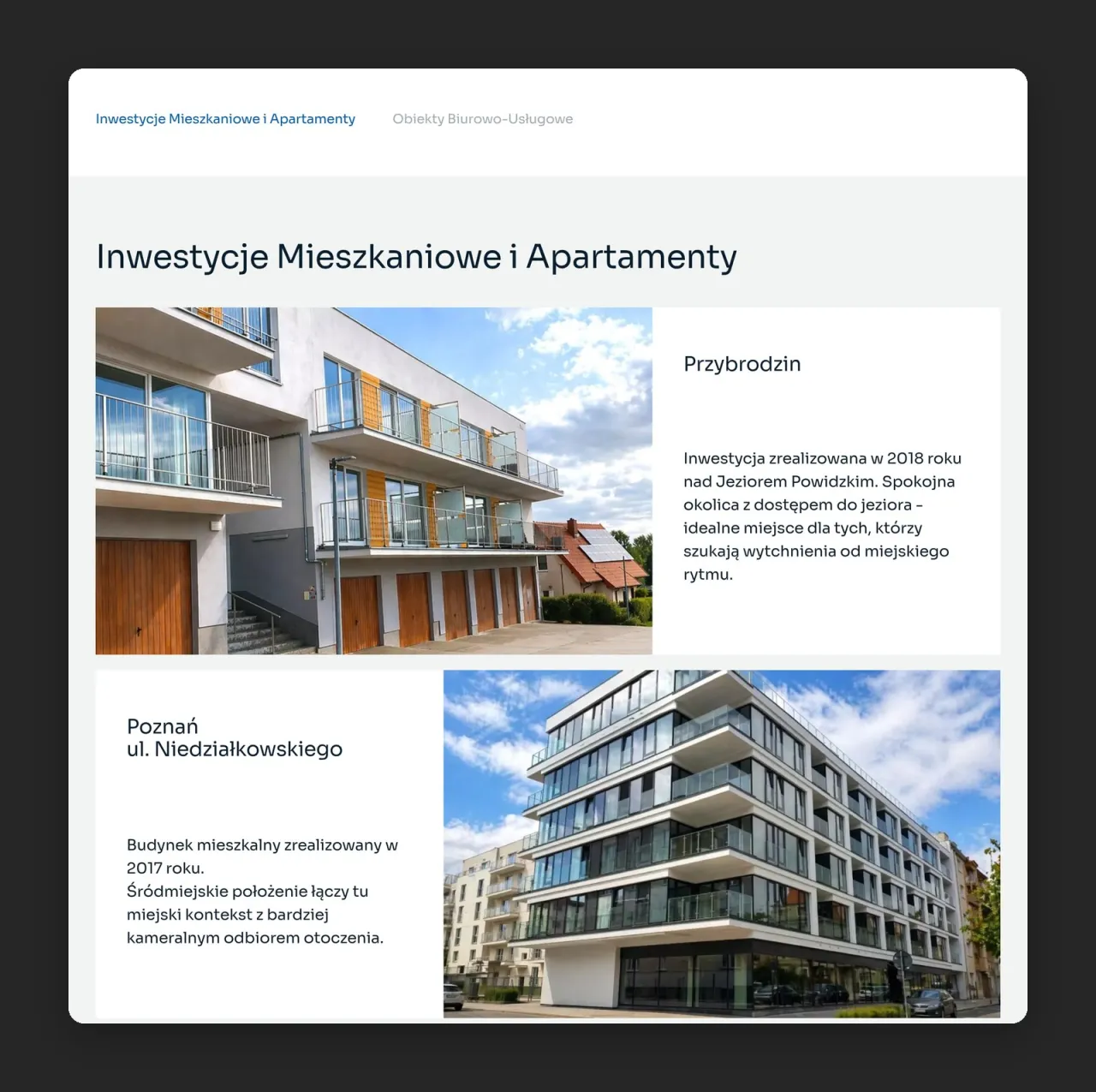 Podstrona Zrealizowane inwestycje z zakładkami i pierwszymi realizacjami