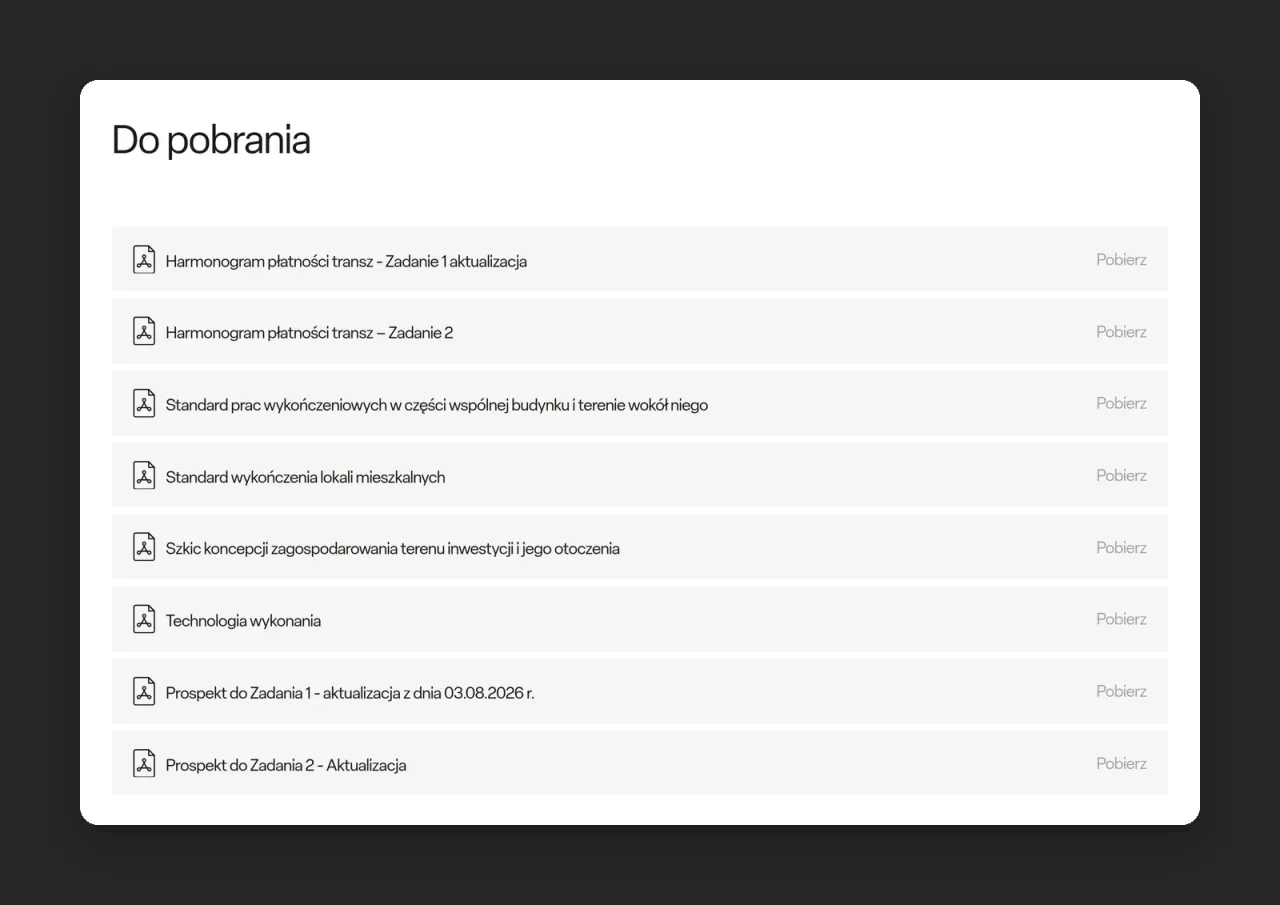 Lista 8 dokumentów PDF w zakładce Do pobrania